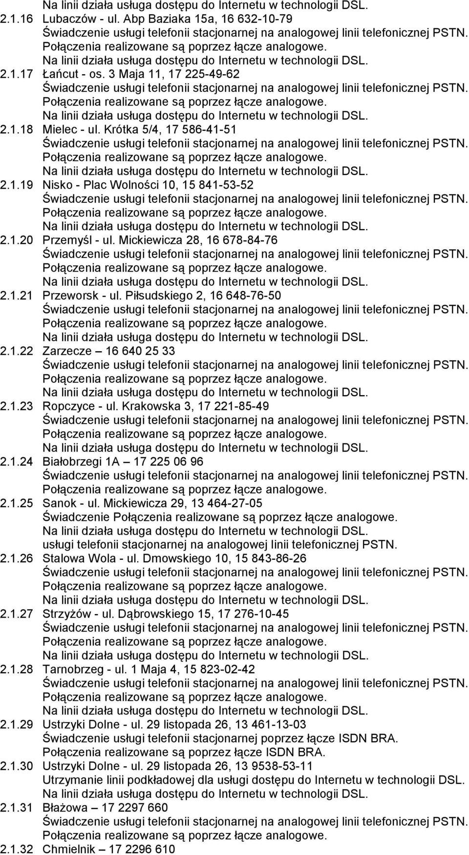 Mickiewicza 29, 13 464-27-05 Świadczenie usługi telefonii stacjonarnej na analogowej linii telefonicznej PSTN. 2.1.26 Stalowa Wola - ul. Dmowskiego 10, 15 843-86-26 2.1.27 Strzyżów - ul.