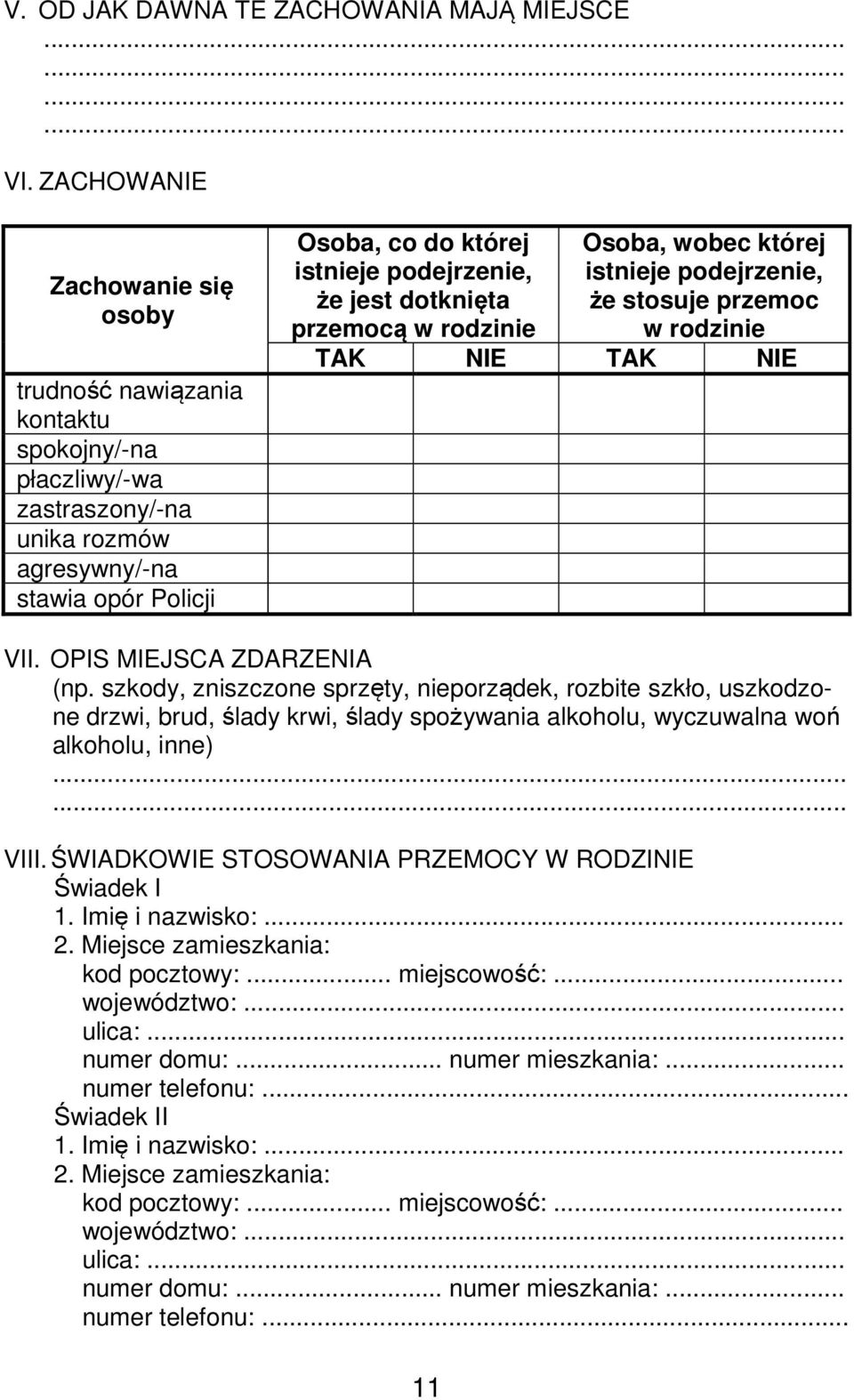 jest dotknięta przemocą w rodzinie Osoba, wobec której istnieje podejrzenie, że stosuje przemoc w rodzinie TAK NIE TAK NIE VII. OPIS MIEJSCA ZDARZENIA (np.