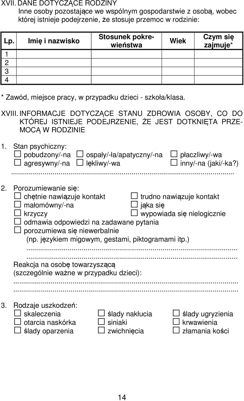 INFORMACJE DOTYCZĄCE STANU ZDROWIA OSOBY, CO DO KTÓREJ ISTNIEJE PODEJRZENIE, ŻE JEST DOTKNIĘTA PRZE- MOCĄ W RODZINIE 1.