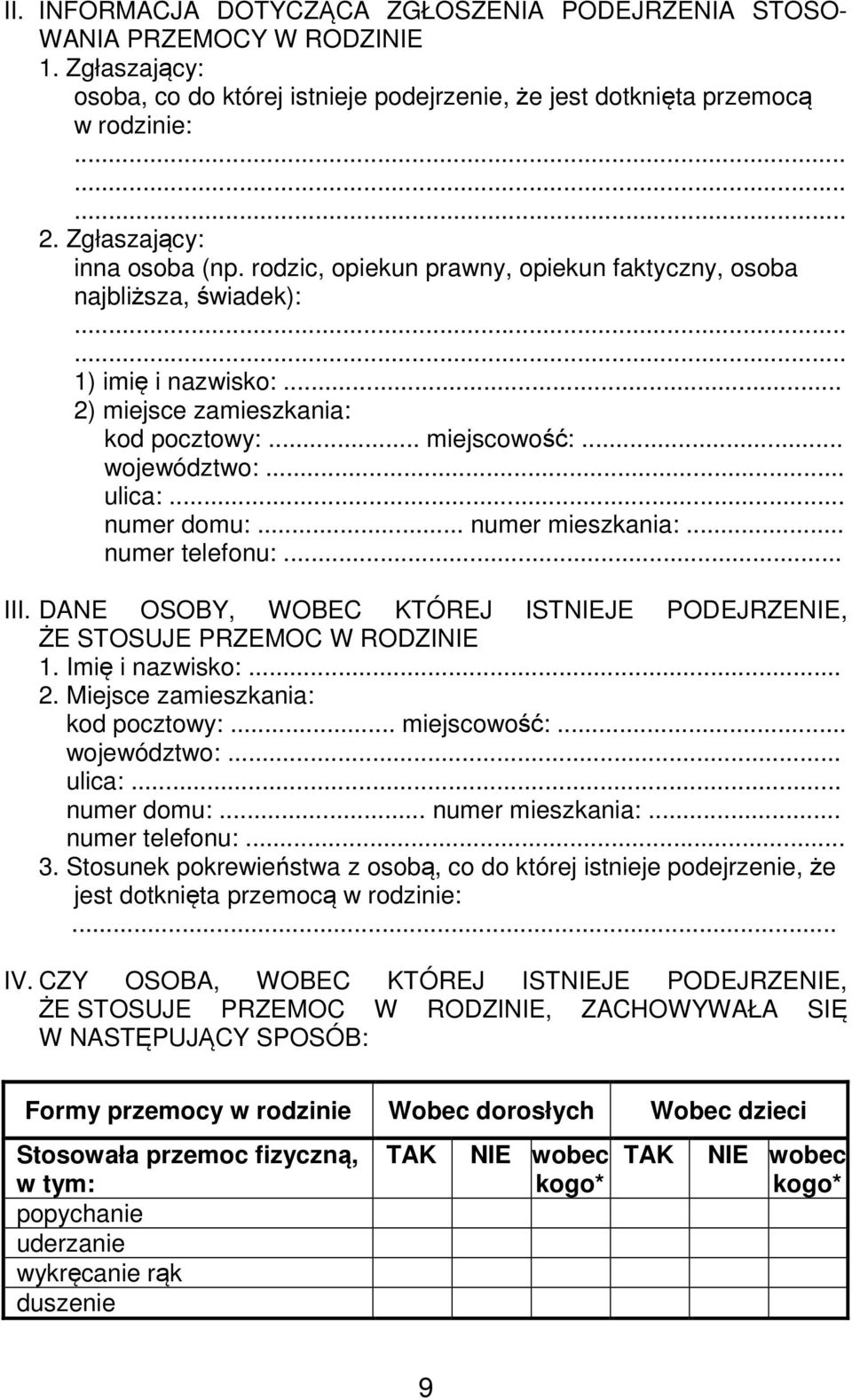 .. ulica:... numer domu:... numer mieszkania:... numer telefonu:... III. DANE OSOBY, WOBEC KTÓREJ ISTNIEJE PODEJRZENIE, ŻE STOSUJE PRZEMOC W RODZINIE 1. Imię i nazwisko:... 2.