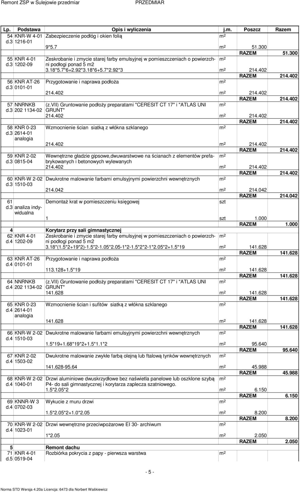 300 Zeskrobanie i zycie starej farby eulsyjnej w poieszczeniach o powierzchni podłogi ponad 5 2 3.18*5.7*6+2.92*3.18*6+5.7*2.92*3 214.402 Przygotowanie i naprawa podłoża 214.402 214.402 (z.