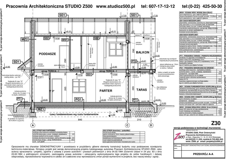 2x papa PT1 izolacja pionowa ściany spadek x30cm +2,41 MZ1 SS2 POSZE strop TERIV - I S1 MW1 5 30 2 płyta żelbetowa gr.