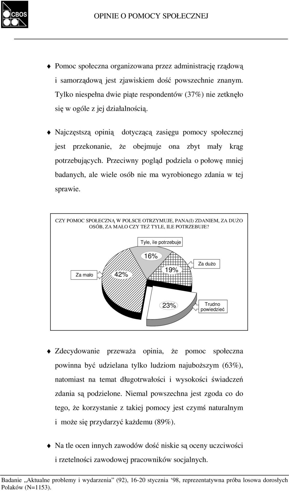 Najczęstszą opinią dotyczącą zasięgu pomocy społecznej jest przekonanie, że obejmuje ona zbyt mały krąg potrzebujących.