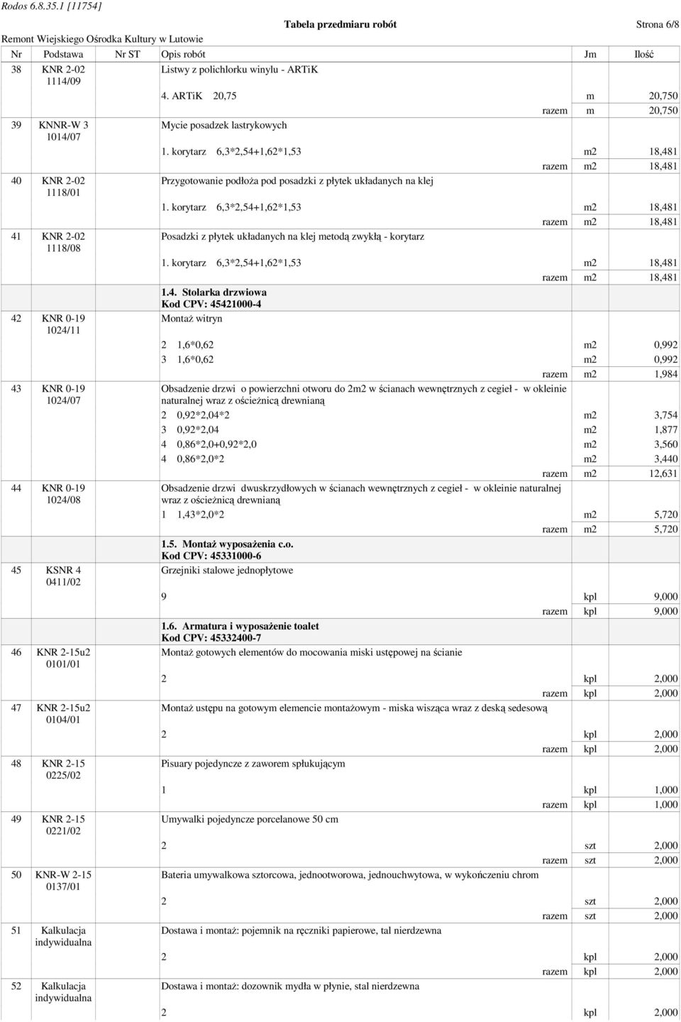 ARTiK 20,75 m 20,750 razem m 20,750 Mycie posadzek lastrykowych razem m2 18,481 Przygotowanie podłoża pod posadzki z płytek układanych na klej razem m2 18,481 Posadzki z płytek układanych na klej