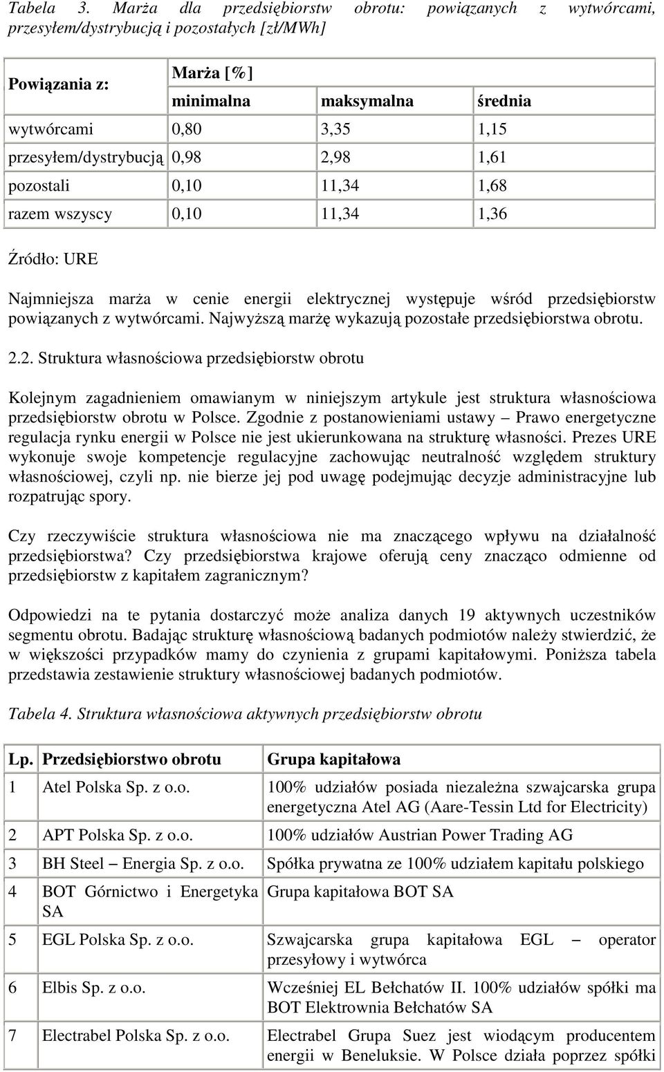 przesyłem/dystrybucją 0,98 2,98 1,61 pozostali 0,10 11,34 1,68 razem wszyscy 0,10 11,34 1,36 Najmniejsza marŝa w cenie energii elektrycznej występuje wśród przedsiębiorstw powiązanych z wytwórcami.