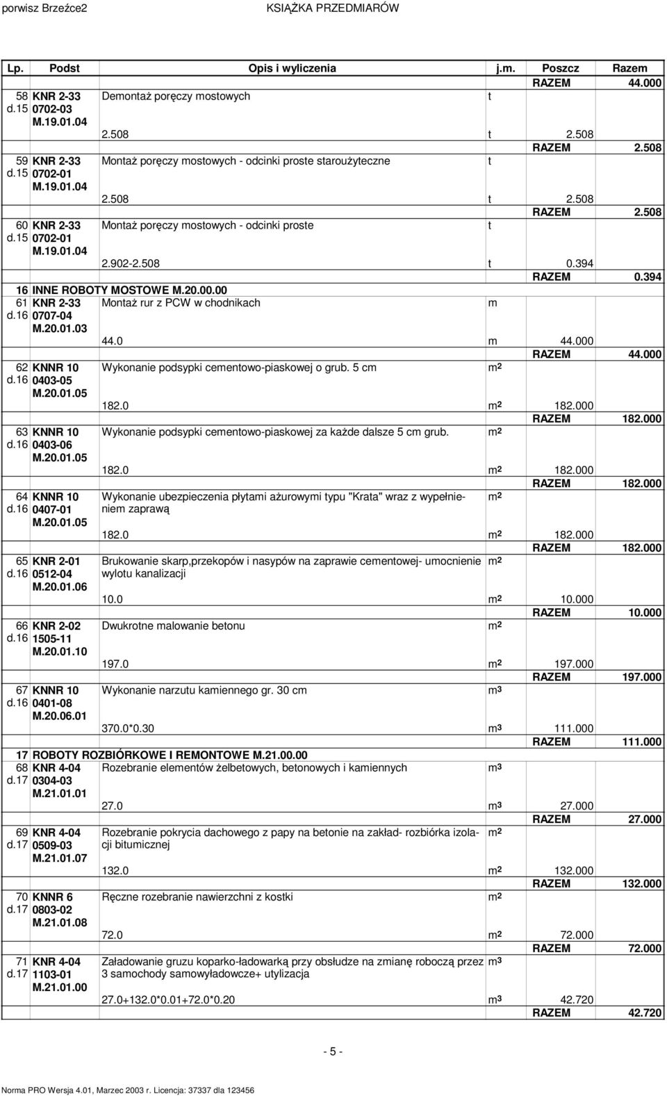 20.01.05 64 KNNR 10 6 0407-01 M.20.01.05 65 KNR 2-01 6 0512-04 M.20.01.06 66 KNR 2-02 6 1505-11 M.20.01.10 67 KNNR 10 6 0401-08 M.20.06.01 Wykonanie podsypki ceenowo-piaskowej o grub. 5 c RAZEM 44.