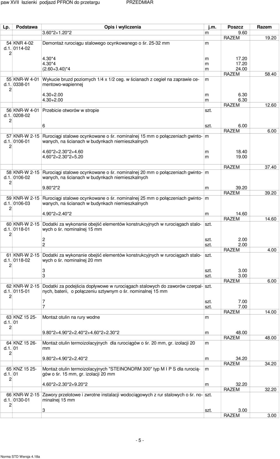 0.0* 7.0 (.60+.0)*.00 Wykucie bruzd pozioych / x / ceg. w ścianach z cegieł na zaprawie ceentowo-wapiennej.0+.00 6.0.0+.00 6.0 Przebicie otworów w stropie RAZEM 58.0 RAZEM.60 6 6.