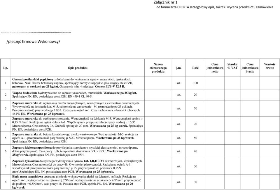 Ilość Cena jednostkowa netto Stawka % VAT Cena jednostkowa brutto Wartość brutto 1 2 3 4 5 6 7 8 Cement portlandzki popiołowy z dodatkami do wykonania zapraw: murarskich, tynkarskich, betonów.