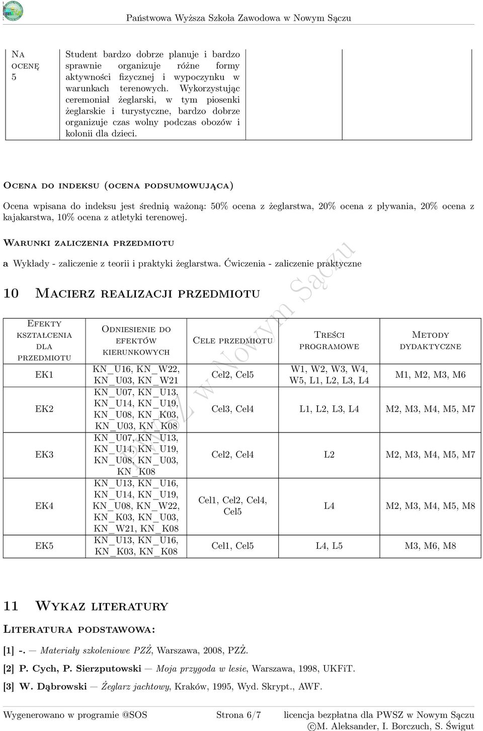 Ocena do indeksu (ocena podsumowuja ca) Ocena wpisana do indeksu jest średnią ważoną: 0% ocena z żeglarstwa, 20% ocena z p lywania, 20% ocena z kajakarstwa, 10% ocena z atletyki terenowej.