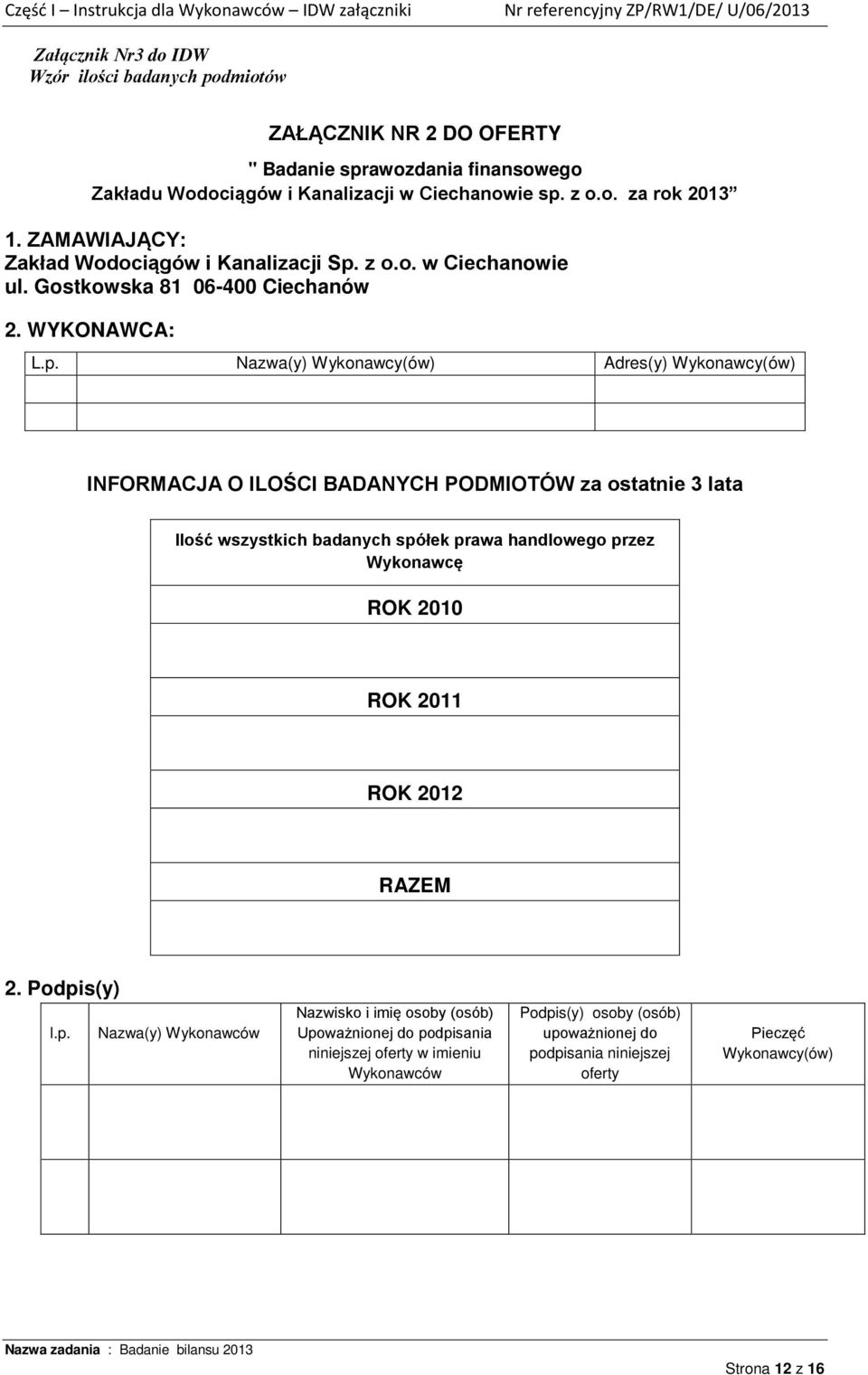 z o.o. za rok 2013 1. ZAMAWIAJĄCY: Zakład Wodociągów i Kanalizacji Sp.