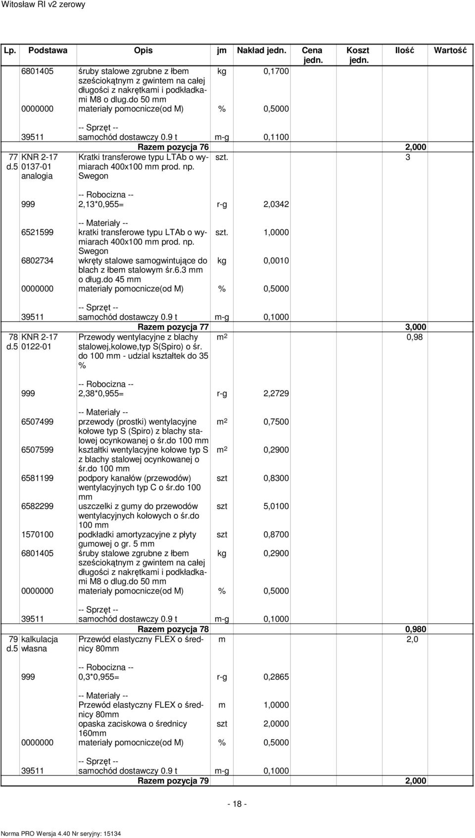 Swegon 999 2,13*0,955= r-g 2,0342 6521599 kratki transferowe typu LTAb o wymiarach 1,0000 400x100 prod. np. Swegon 6802734 wkręty stalowe samogwintujące do kg 0,0010 blach z łbem stalowym śr.6.3 o dług.