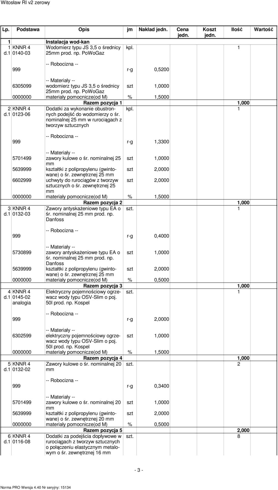 1 Dodatki za wykonanie obustronnych podejść do wodomierzy o śr. nominalnej 25 w rurociągach z tworzyw sztucznych 999 r-g 1,3300 5701499 zawory kulowe o śr.