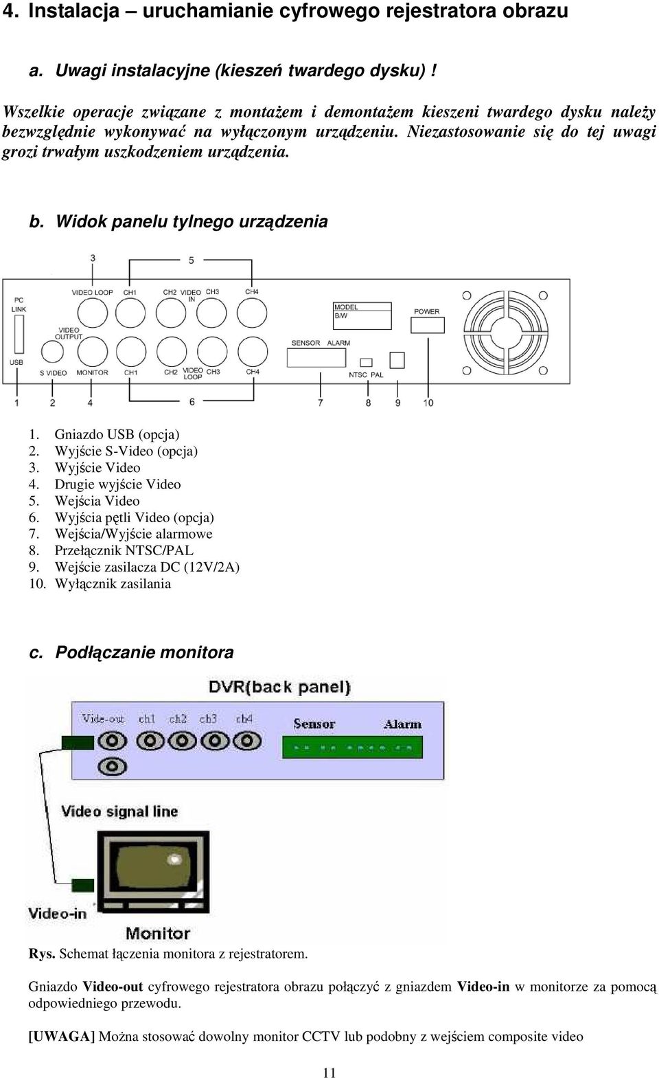 Niezastosowanie się do tej uwagi grozi trwałym uszkodzeniem urządzenia. b. Widok panelu tylnego urządzenia 1. Gniazdo USB (opcja) 2. Wyjście S-Video (opcja) 3. Wyjście Video 4. Drugie wyjście Video 5.