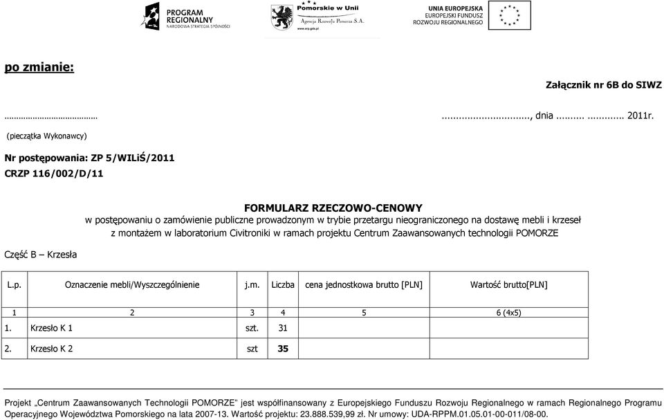 zamówienie publiczne prowadzonym w trybie przetargu nieograniczonego na dostawę mebli i krzeseł z montaŝem w laboratorium Civitroniki w