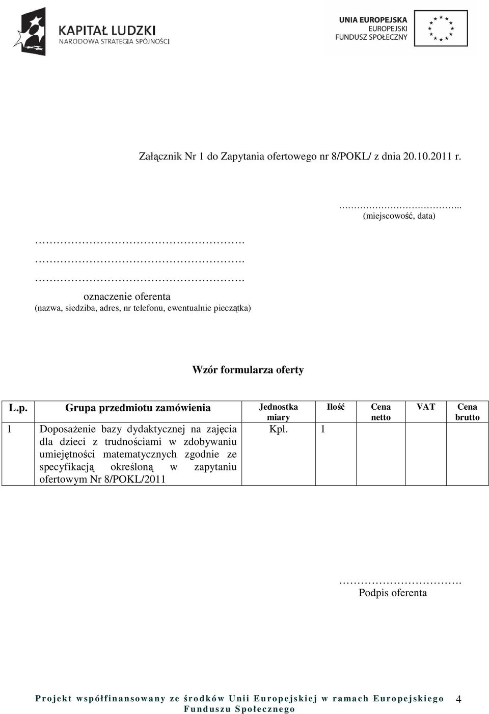 . (miejscowość, data) Wzór formularza oferty L.p.