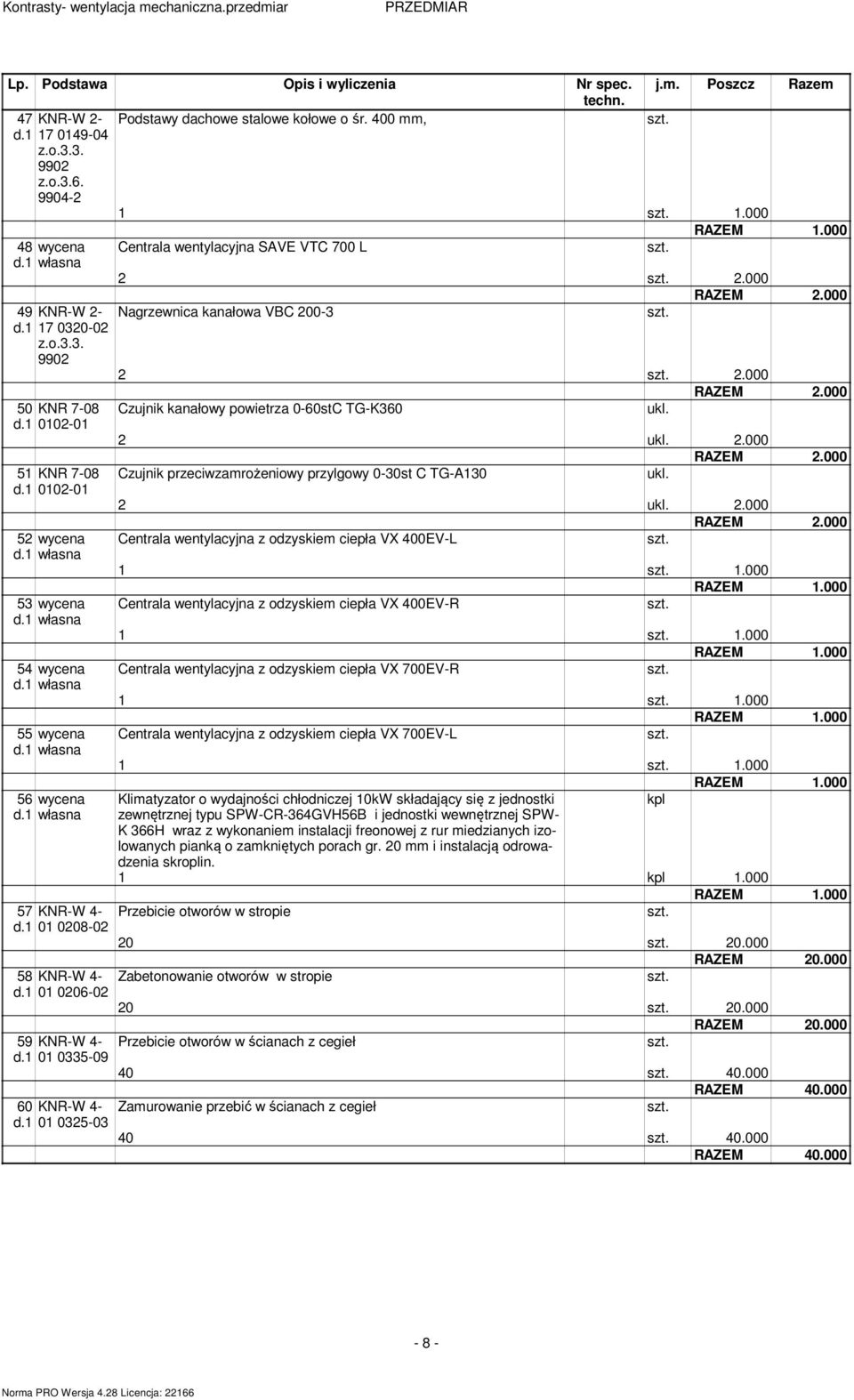 000 53 wycena Centrala wentylacyjna z odzyskiem ciepła VX 400EV-R 1 1.000 54 wycena Centrala wentylacyjna z odzyskiem ciepła VX 700EV-R 1 1.