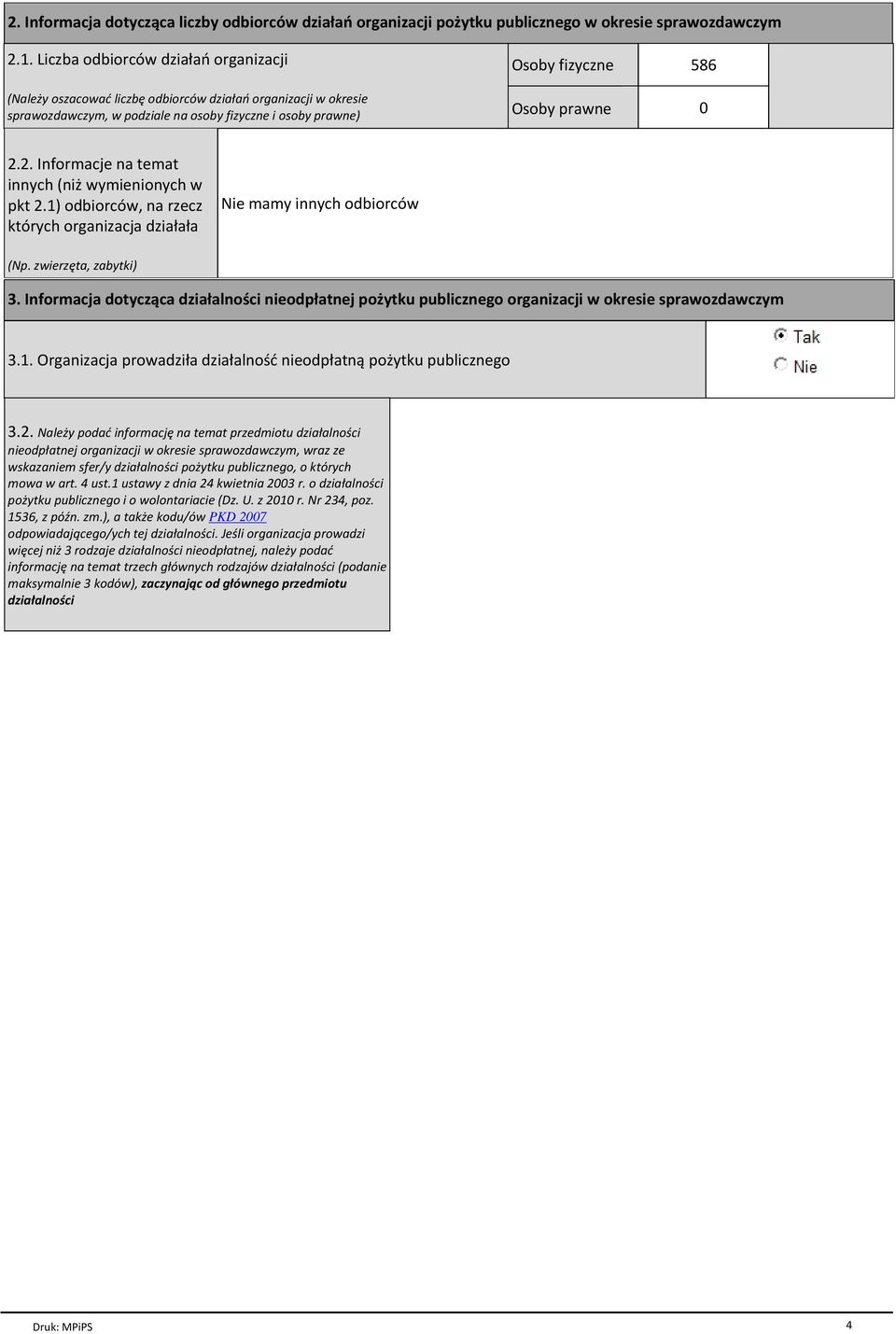 2. Informacje na temat innych (ni wymienionych w pkt 2.1) odbiorcсw, na rzecz ktсrych organizacja dziaёaёa Nie mamy innych odbiorcсw (Np. zwierzйta, zabytki) 3.