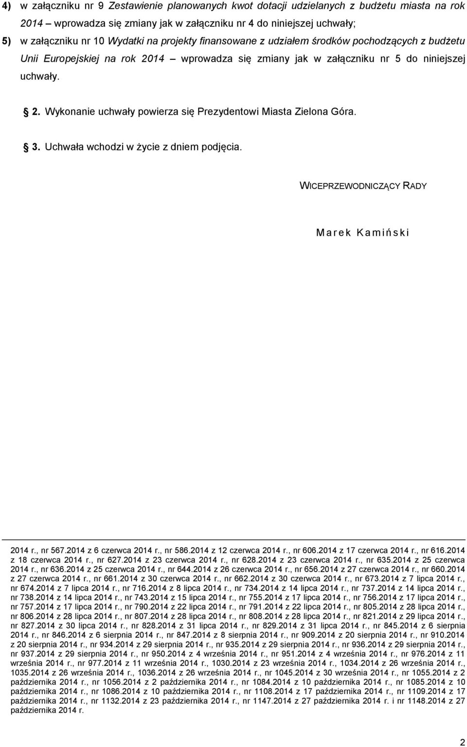 3. Uchwała wchodzi w życie z dniem podjęcia. WICEPRZEWODNICZĄCY RADY M a r e k K a m i ń s k i 2014 r., nr 567.2014 z 6 czerwca 2014 r., nr 586.2014 z 12 czerwca 2014 r., nr 606.