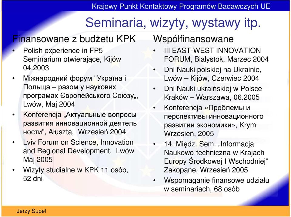 Lviv Forum on Science, Innovation and Regional Development. Lwów Maj 2005 Wizyty studialne w KPK 11 osób, 52 dni Krajowy Punkt Kontaktowy Programów Badawczych UE Seminaria, wizyty, wystawy itp.