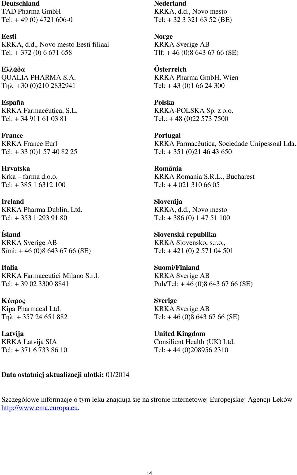 o. Tel: + 385 1 6312 100 Ireland KRKA Pharma Dublin, Ltd. Tel: + 353 1 293 91 80 Ísland Sími: + 46 (0)8 643 67 66 (SE) Italia KRKA Farmaceutici Milano S.r.l. Tel: + 39 02 3300 8841 Κύπρος Kipa Pharmacal Ltd.
