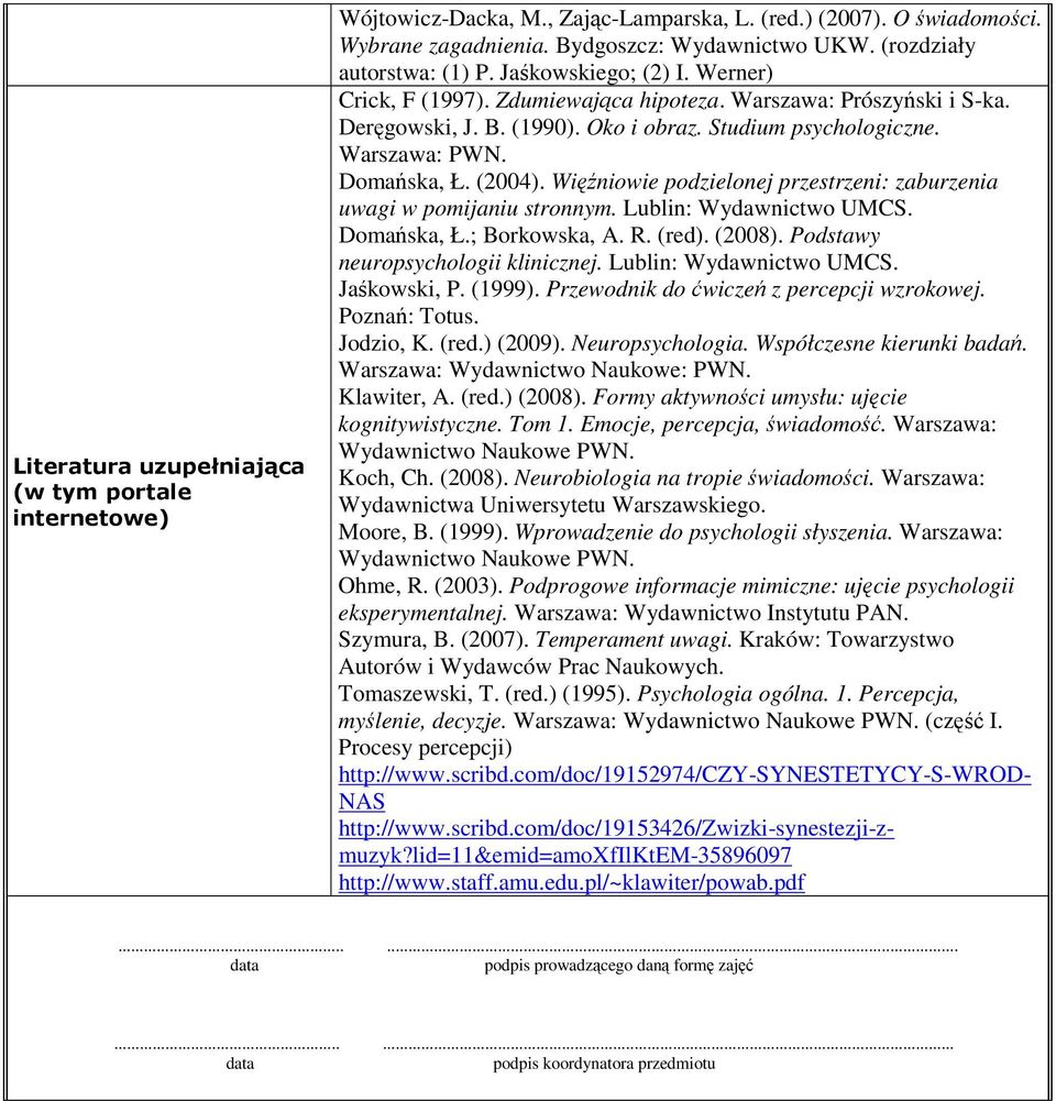 Warszawa: PWN. Domańska, Ł. (2004). Więźniowie podzielonej przestrzeni: zaburzenia uwagi w pomijaniu stronnym. Lublin: Wydawnictwo UMCS. Domańska, Ł.; Borkowska, A. R. (red). (2008).