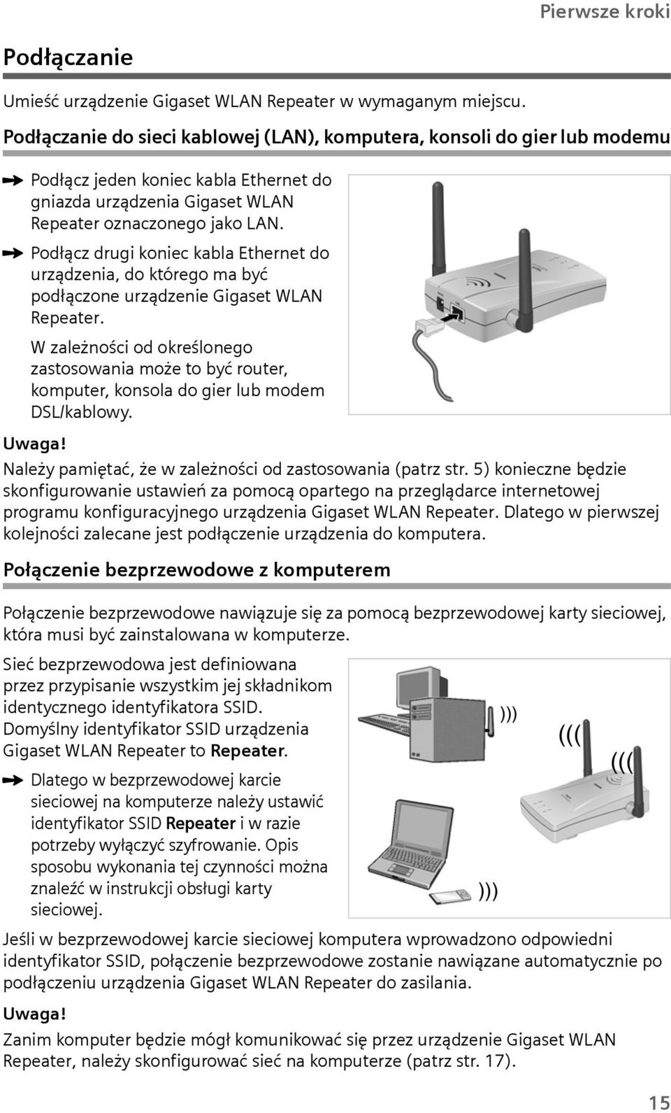 ì Podłącz drugi koniec kabla Ethernet do urządzenia, do którego ma być podłączone urządzenie Gigaset WLAN Repeater.