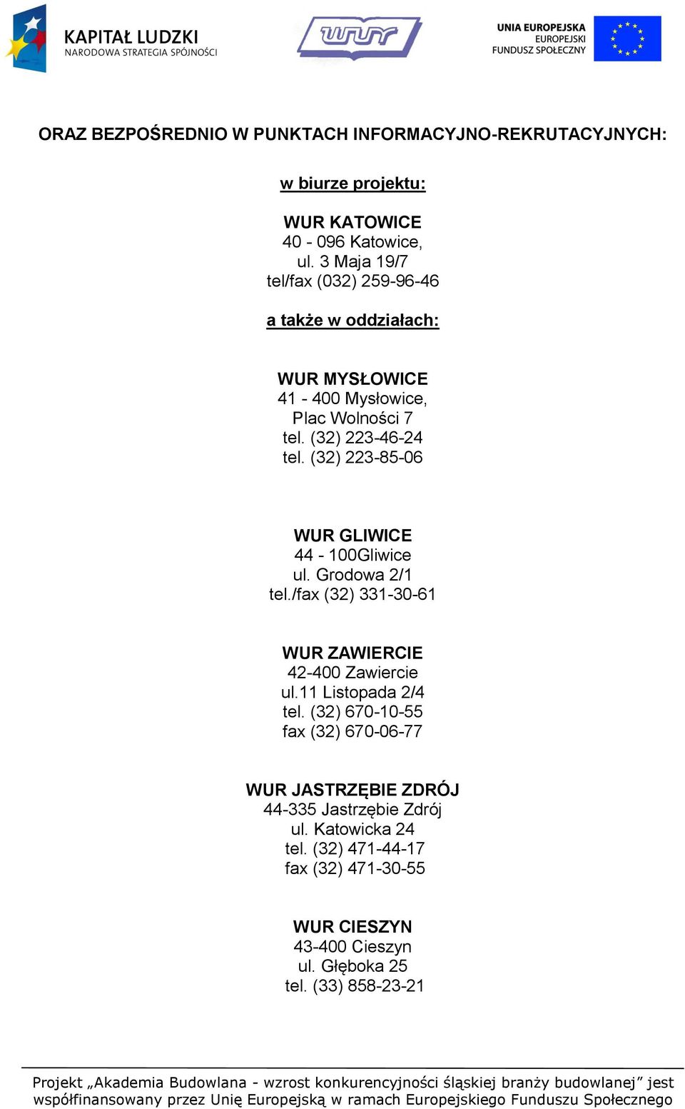 (32) 223-85-06 WUR GLIWICE 44-100Gliwice ul. Grodowa 2/1 tel./fax (32) 331-30-61 WUR ZAWIERCIE 42-400 Zawiercie ul.11 Listopada 2/4 tel.