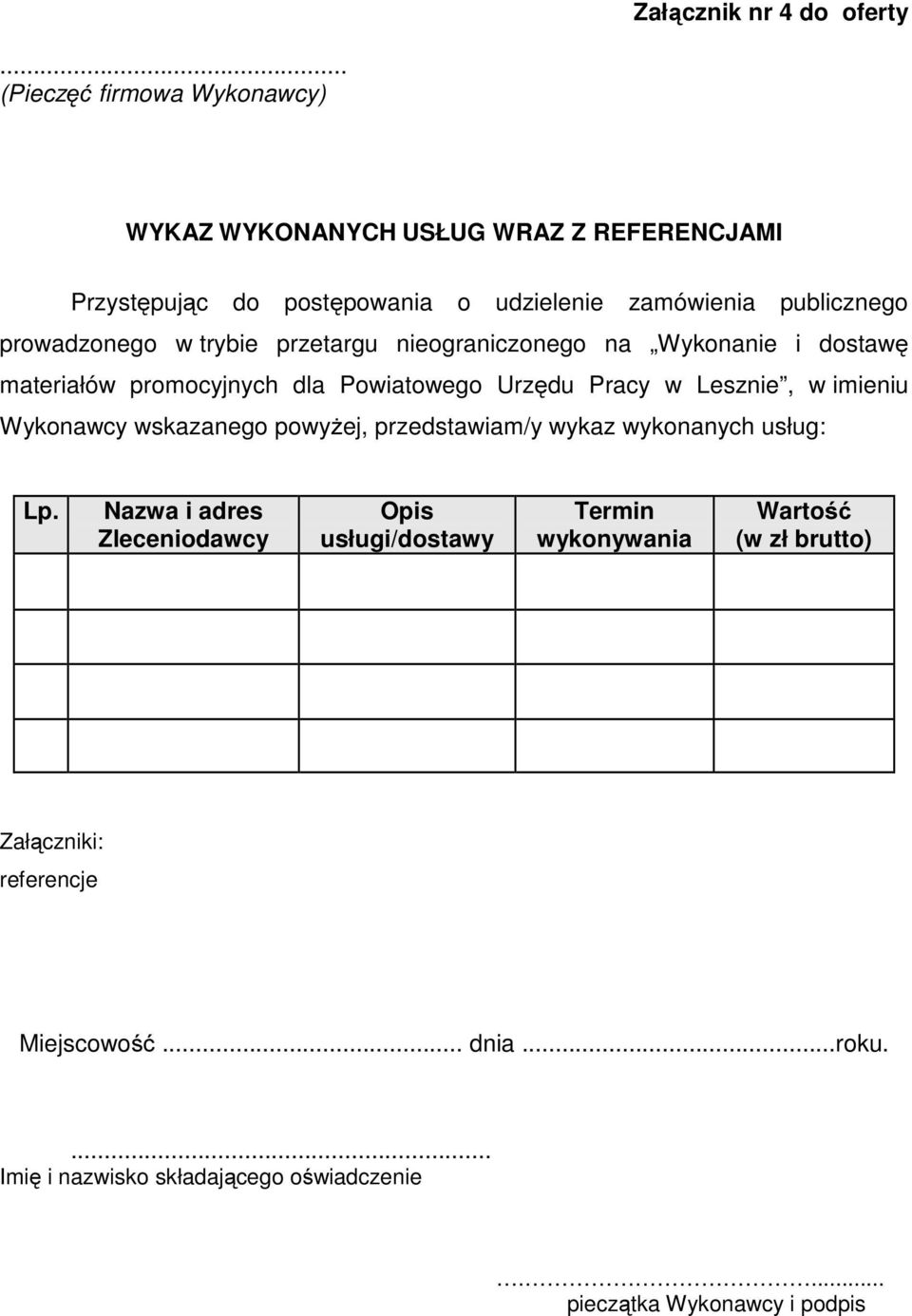 prowadzonego w trybie przetargu nieograniczonego na Wykonanie i dostawę materiałów promocyjnych dla Powiatowego Urzędu Pracy w Lesznie, w imieniu