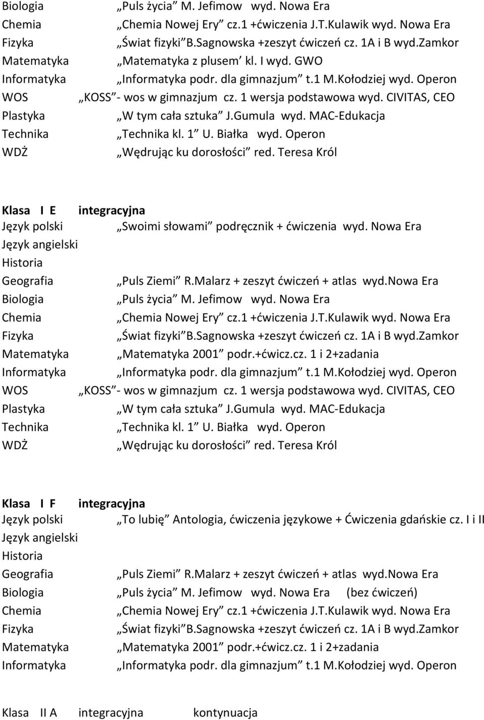 MAC-Edukacja kl. 1 U. Białka wyd. Operon Wędrując ku dorosłości red. Teresa Król Klasa I E integracyjna Swoimi słowami podręcznik + ćwiczenia wyd. Nowa Era 2001 podr.+ćwicz.cz. 1 i 2+zadania Plastyka W tym cała sztuka J.