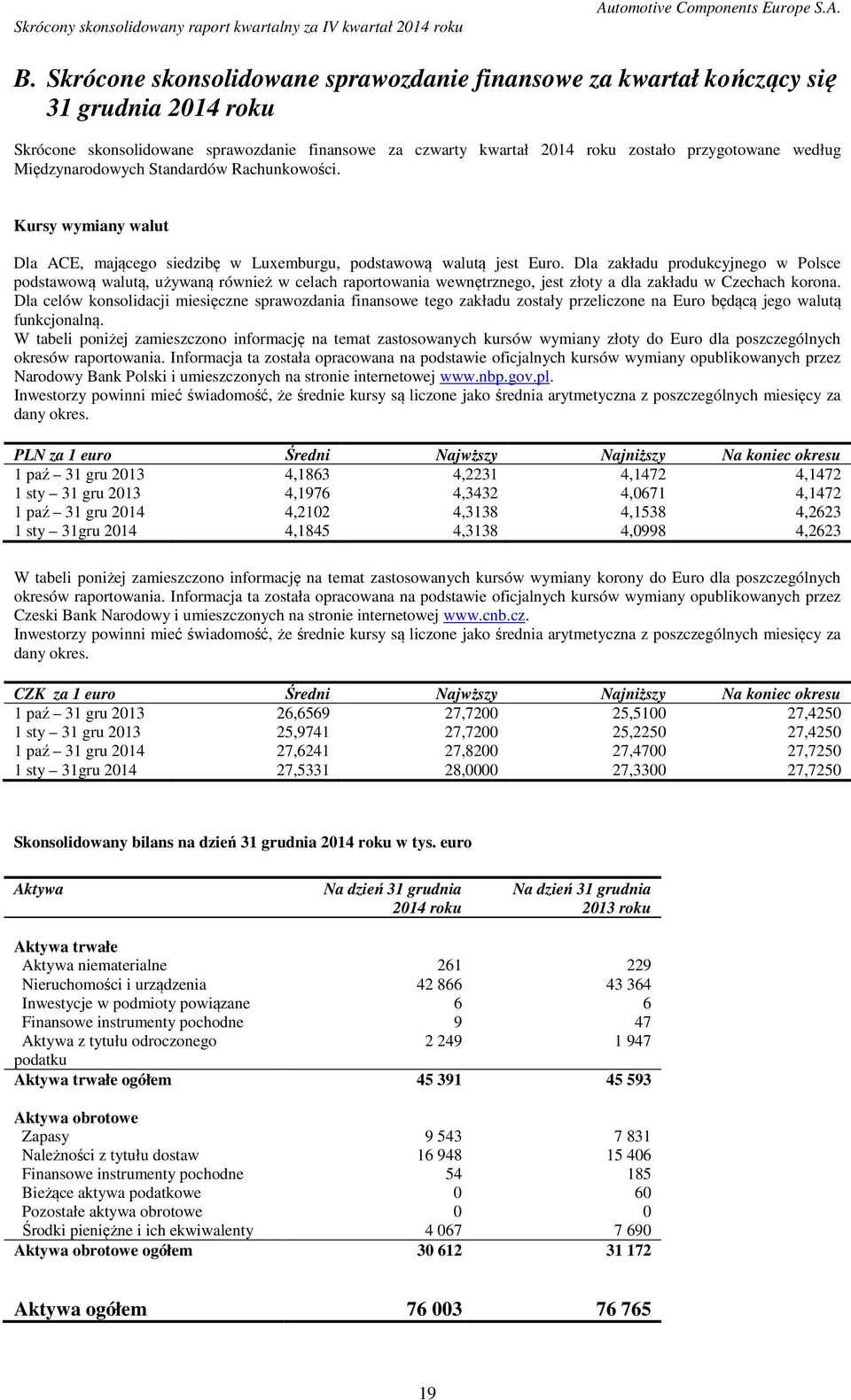 Dla zakładu produkcyjnego w Polsce podstawową walutą, używaną również w celach raportowania wewnętrznego, jest złoty a dla zakładu w Czechach korona.