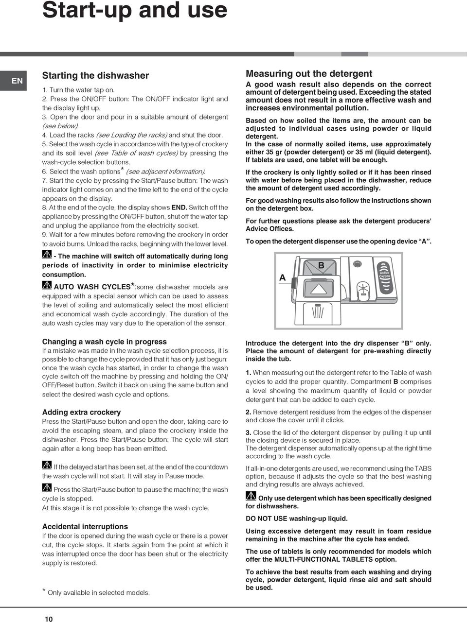 Select the wash cycle in accordance with the type of crockery and its soil level (see Table of wash cycles) by pressing the wash-cycle selection buttons. 6.