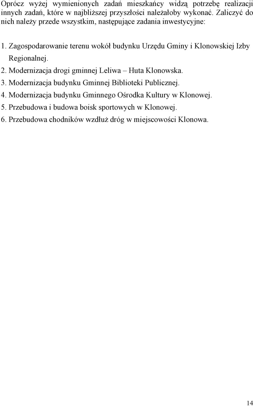 Zagospodarowanie terenu wokół budynku Urzędu Gminy i Klonowskiej Izby Regionalnej. 2. Modernizacja drogi gminnej Leliwa Huta Klonowska. 3.