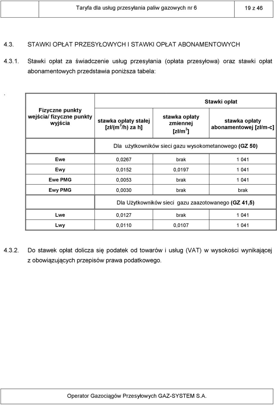 wysokometanowego (GZ 50) Ewe 0,0267 brak 1 041 Ewy 0,0152 0,0197 1 041 Ewe PMG 0,0053 brak 1 041 Ewy PMG 0,0030 brak brak Dla Użytkowników sieci gazu zaazotowanego (GZ 41,5) Lwe 0,0127 brak 1 041 Lwy