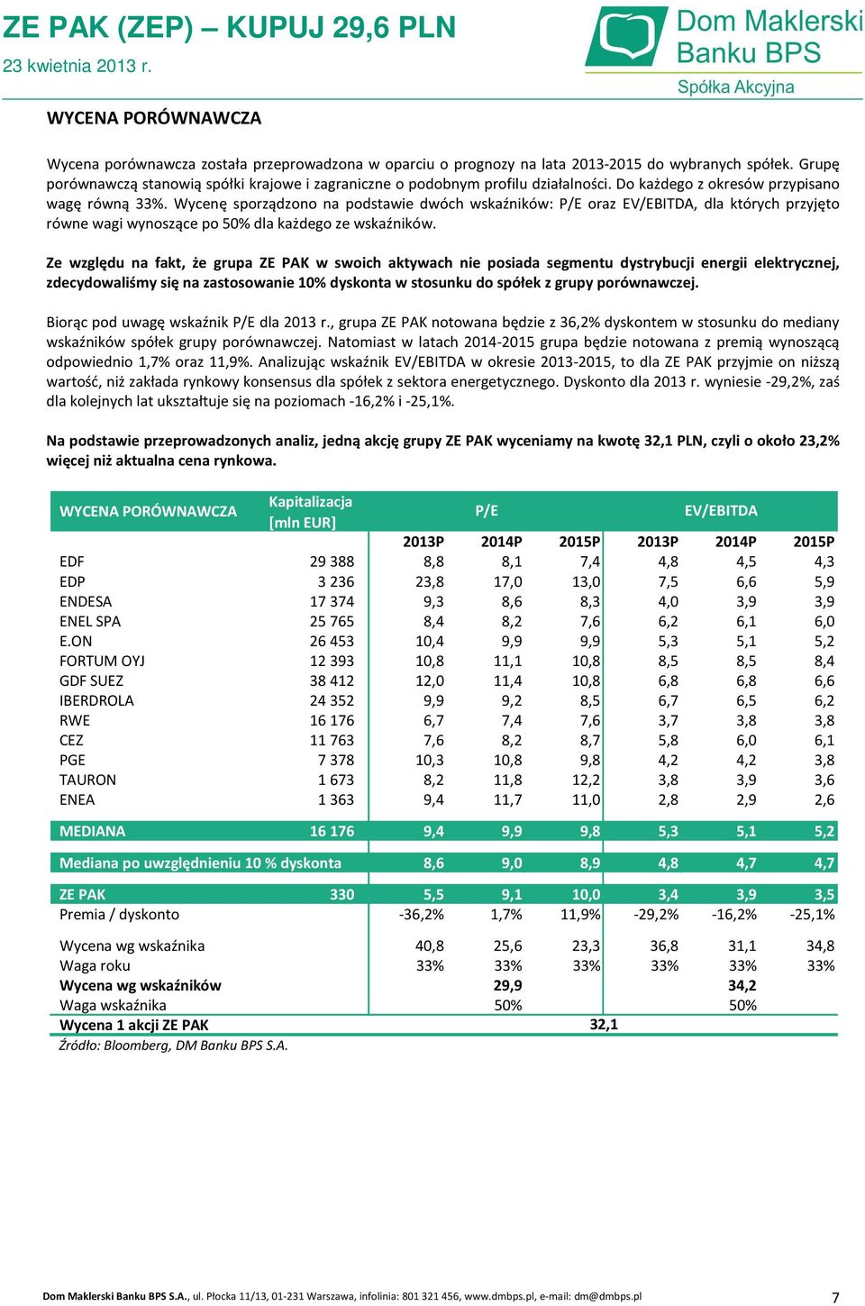 Wycenę sporządzono na podstawie dwóch wskaźników: P/E oraz EV/EBITDA, dla których przyjęto równe wagi wynoszące po 50% dla każdego ze wskaźników.