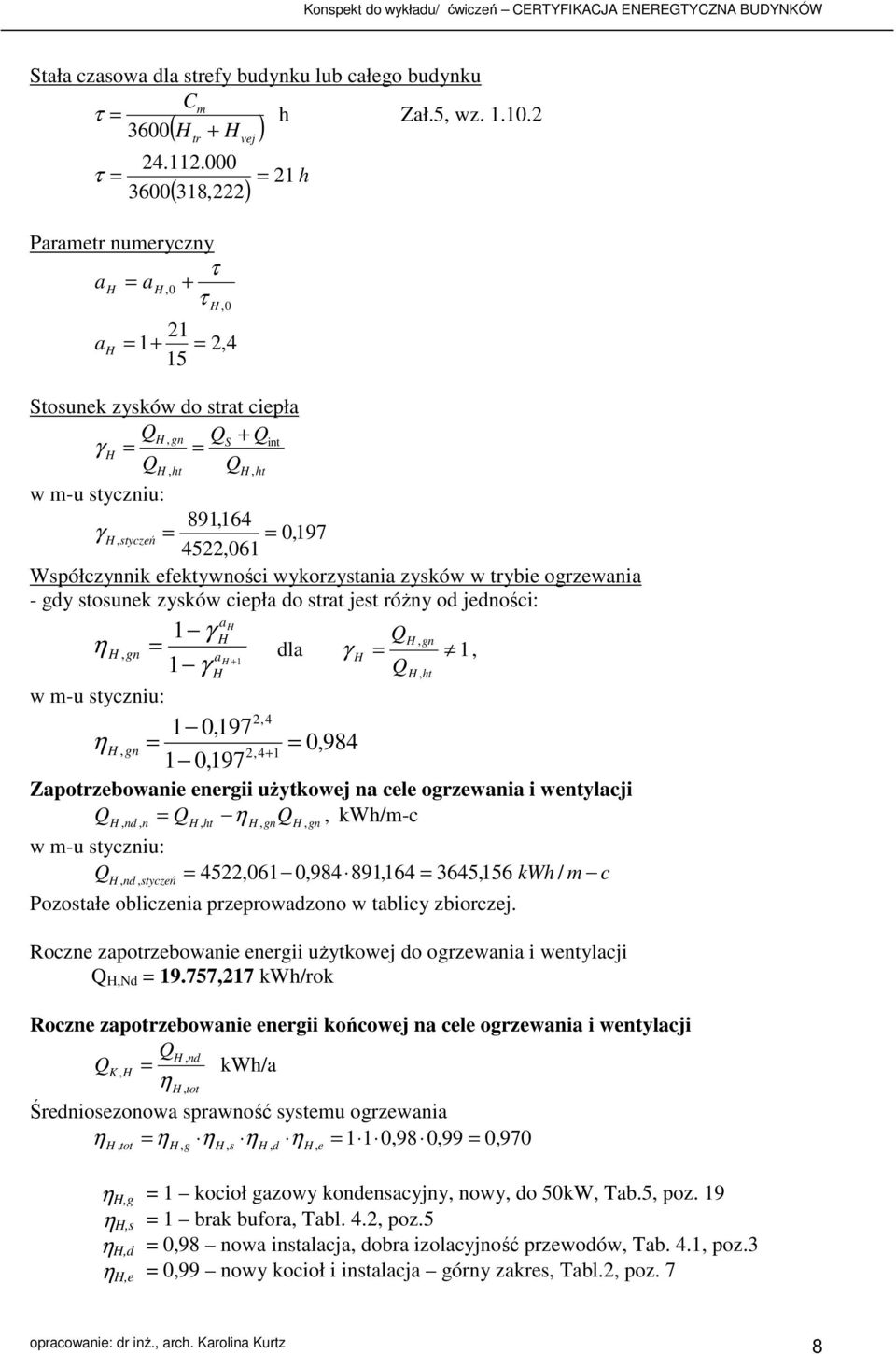 wykorzystana zysków w trybe ogrzewana - gdy stosunek zysków cepła do strat jest różny od jednośc: a 1, gn η, gn a dla 1 + 1, 1, ht w m-u stycznu: 2,4 1 0,197 η, gn 0,984 2,4+ 1 1 0,197 Zapotrzebowane