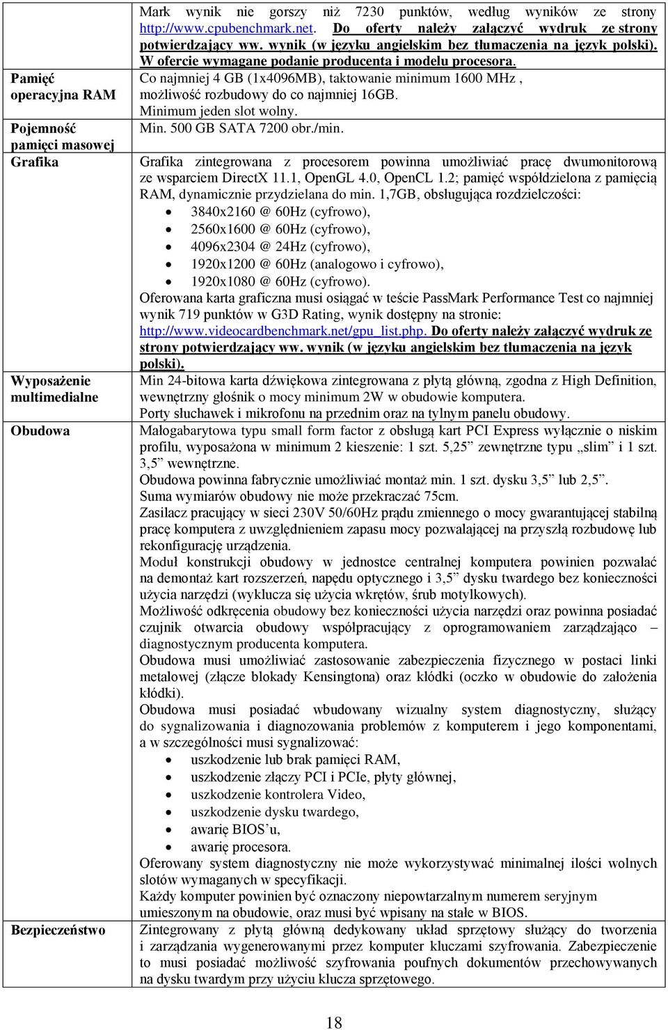 Co najmniej 4 GB (1x4096MB), taktowanie minimum 1600 MHz, możliwość rozbudowy do co najmniej 16GB. Minimum jeden slot wolny. Min. 500 GB SATA 7200 obr./min.