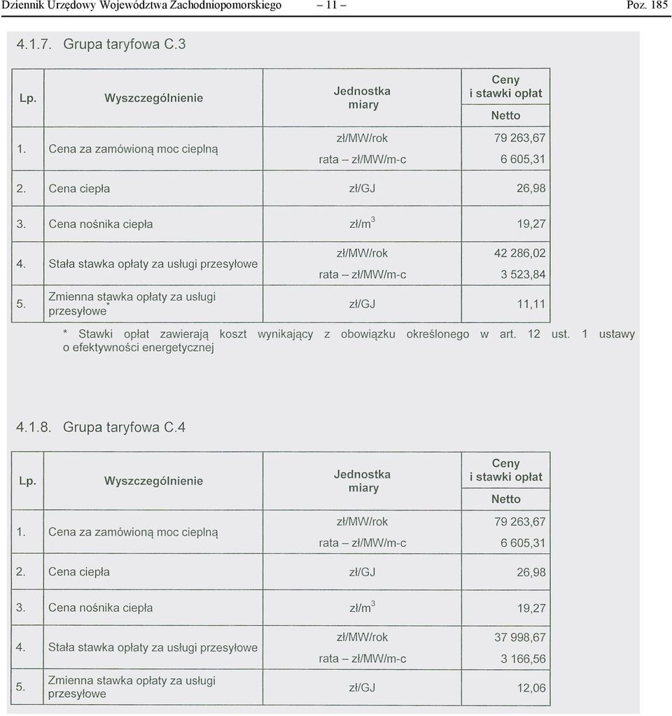 Stała stawka opłaty za usługi zł/mw/rok 42286,02 rata - zł/mw/m-c 3523,84 Zmienna st~wka opłaty za usługi zł/gj 11,11 * Stawki opłat zawierają koszt wynikający z obowiązku określonego wart. 12 ust.