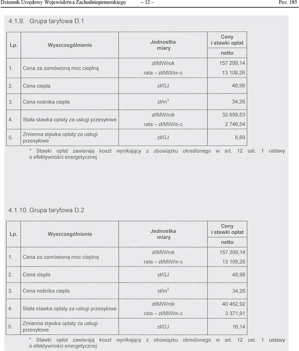 Stała stawka opłaty za usługi zł/mw/rok 32958,53 rata - z//mw/m-c 2746,54 Zmienna st~wka opłaty za usługi z//gj 8,89 * Stawki opłat zawierają koszt wynikający z obowiązku określonego wart. 12 ust.