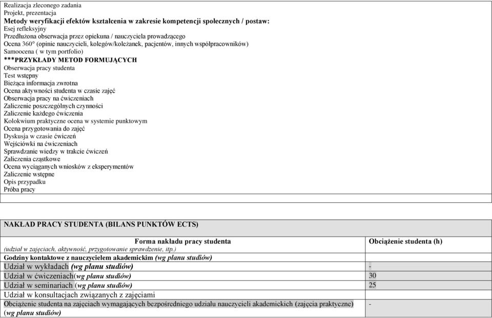 Test wstępny Bieżąca informacja zwrotna Ocena aktywności studenta w czasie zajęć Obserwacja pracy na ćwiczeniach Zaliczenie poszczególnych czynności Zaliczenie każdego ćwiczenia Kolokwium praktyczne