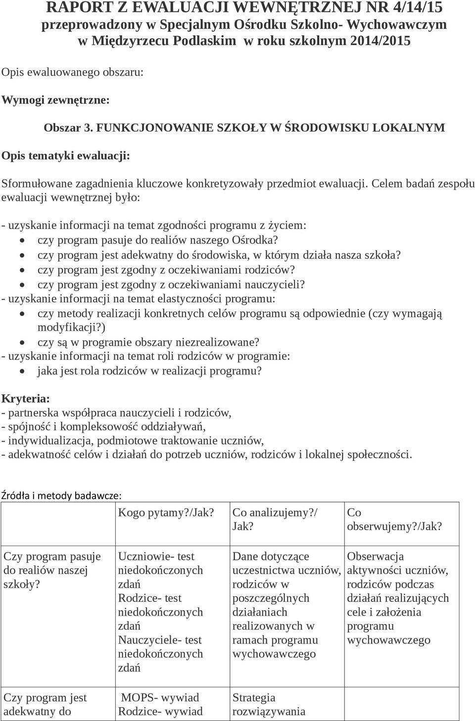 Celem badań zespołu ewaluacji wewnętrznej było: - uzyskanie informacji na temat zgodności programu z życiem: czy program pasuje do realiów naszego Ośrodka?