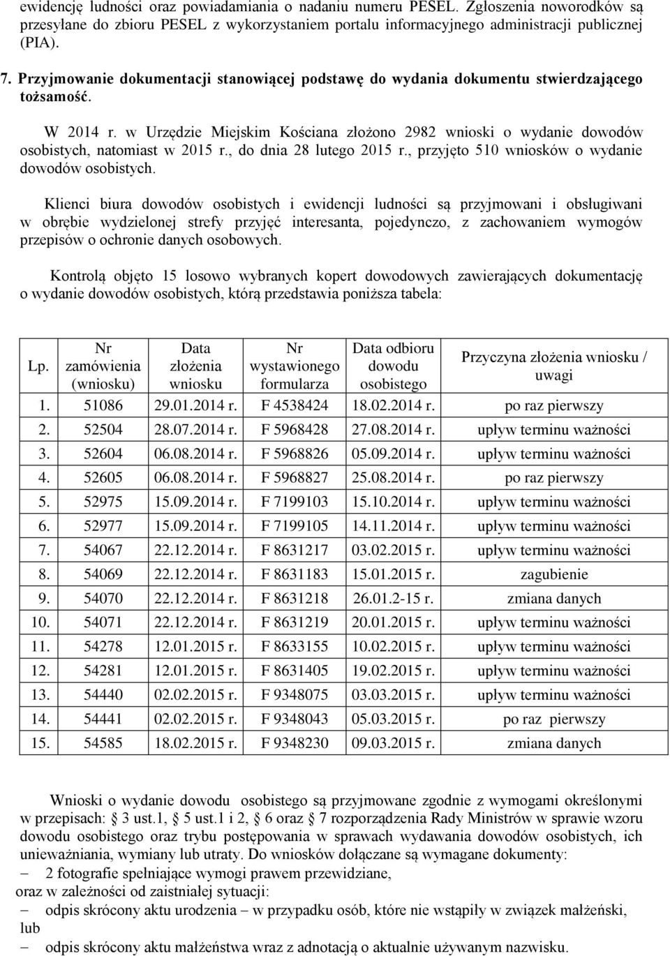 w Urzędzie Miejskim Kościana złożono 2982 wnioski o wydanie dowodów osobistych, natomiast w 2015 r., do dnia 28 lutego 2015 r., przyjęto 510 wniosków o wydanie dowodów osobistych.