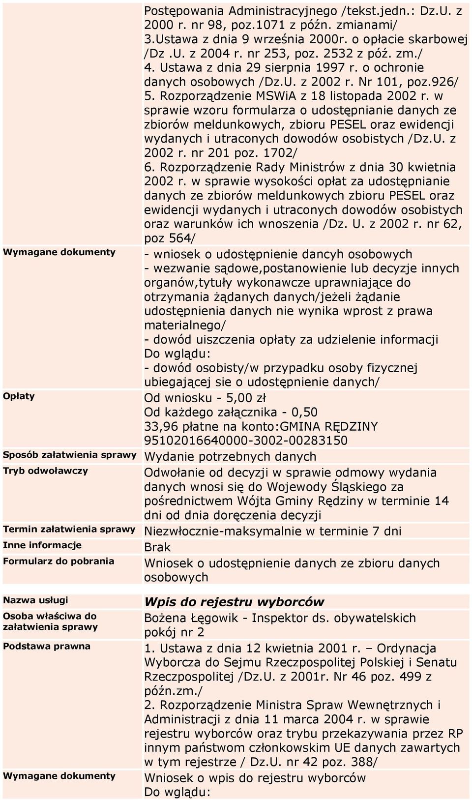 w sprawie wzoru formularza o udostępnianie danych ze zbiorów meldunkowych, zbioru PESEL oraz ewidencji wydanych i utraconych dowodów osobistych /Dz.U. z 2002 r. nr 201 poz. 1702/ 6.