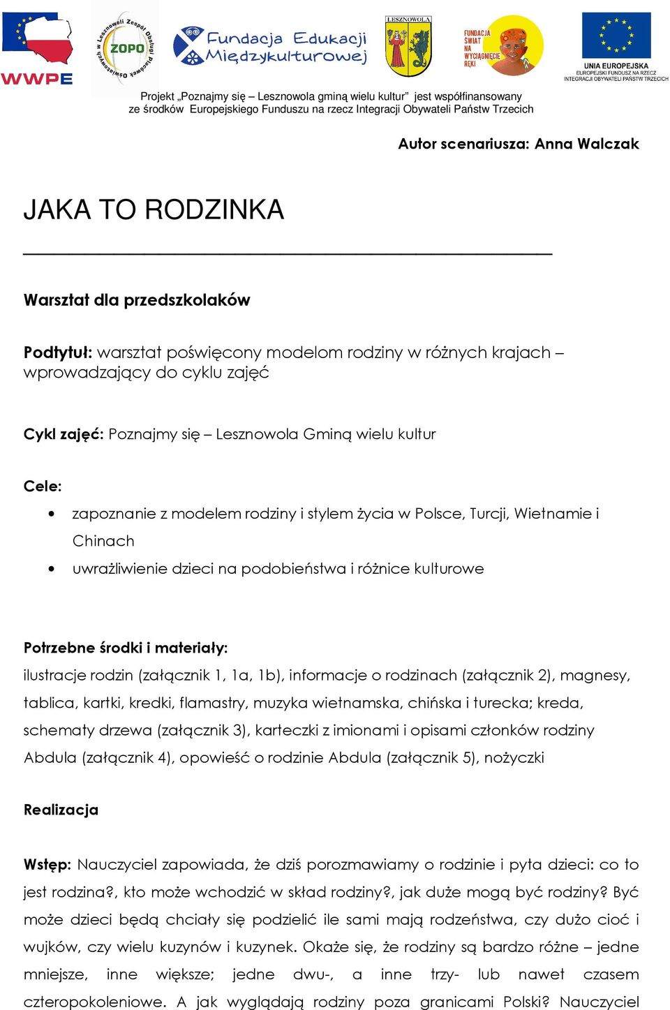 materiały: ilustracje rodzin (załącznik 1, 1a, 1b), informacje o rodzinach (załącznik 2), magnesy, tablica, kartki, kredki, flamastry, muzyka wietnamska, chińska i turecka; kreda, schematy drzewa