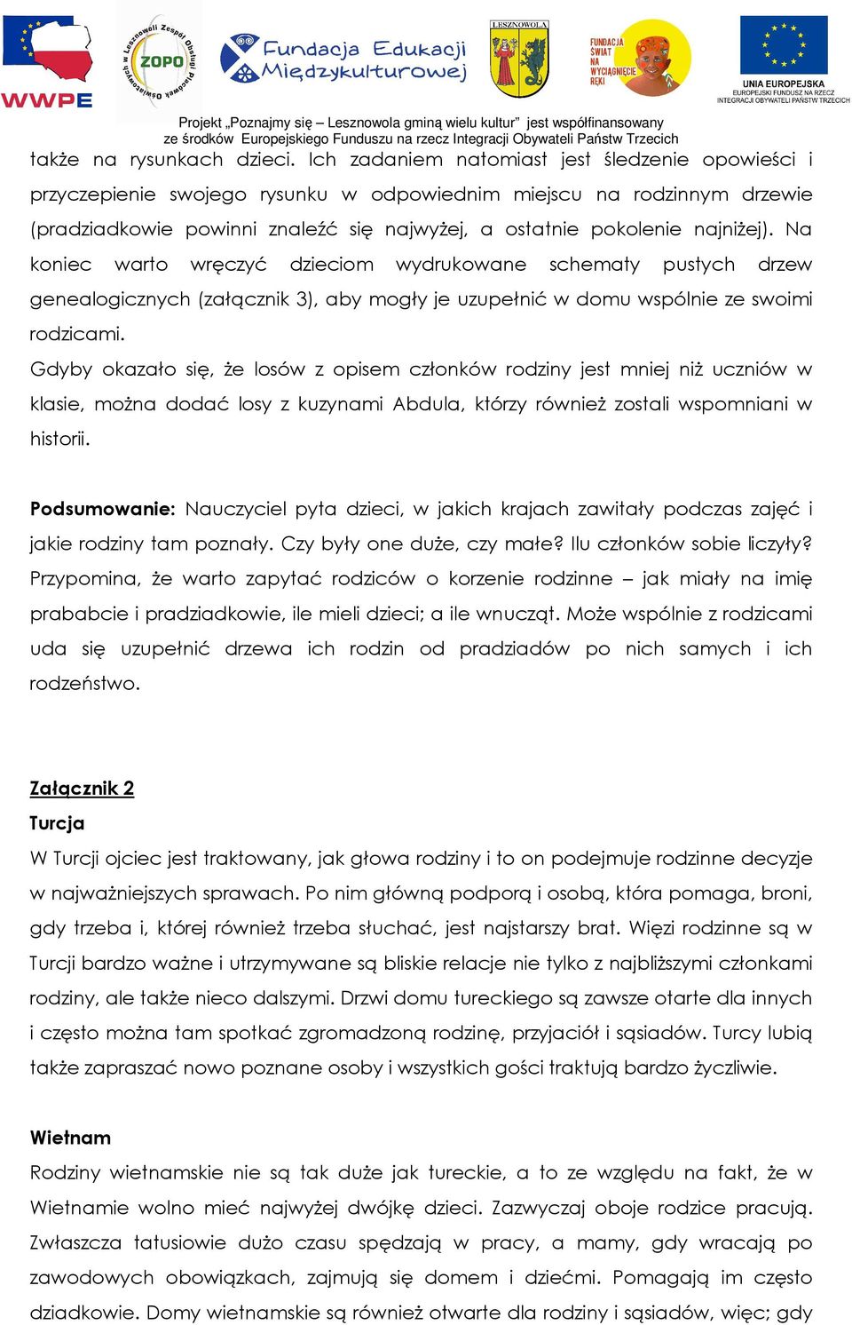 Na koniec warto wręczyć dzieciom wydrukowane schematy pustych drzew genealogicznych (załącznik 3), aby mogły je uzupełnić w domu wspólnie ze swoimi rodzicami.