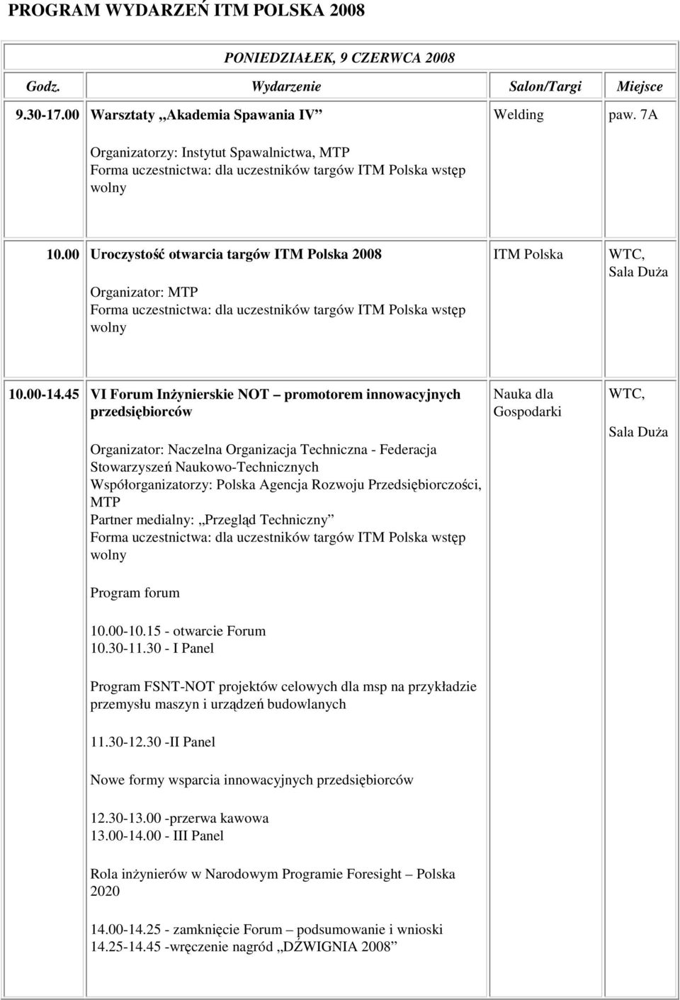 00 Uroczystość otwarcia targów ITM Polska 2008 Organizator: MTP wstęp wolny ITM Polska WTC, Sala DuŜa 10.00-14.