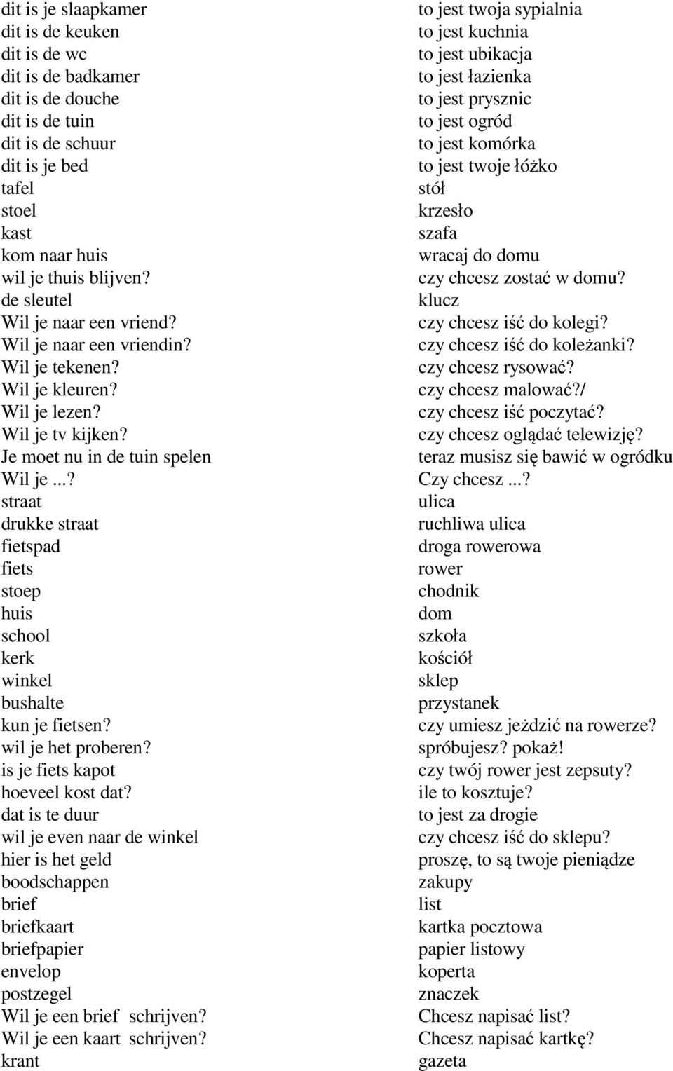 de sleutel klucz Wil je naar een vriend? czy chcesz iść do kolegi? Wil je naar een vriendin? czy chcesz iść do koleżanki? Wil je tekenen? czy chcesz rysować? Wil je kleuren? czy chcesz malować?