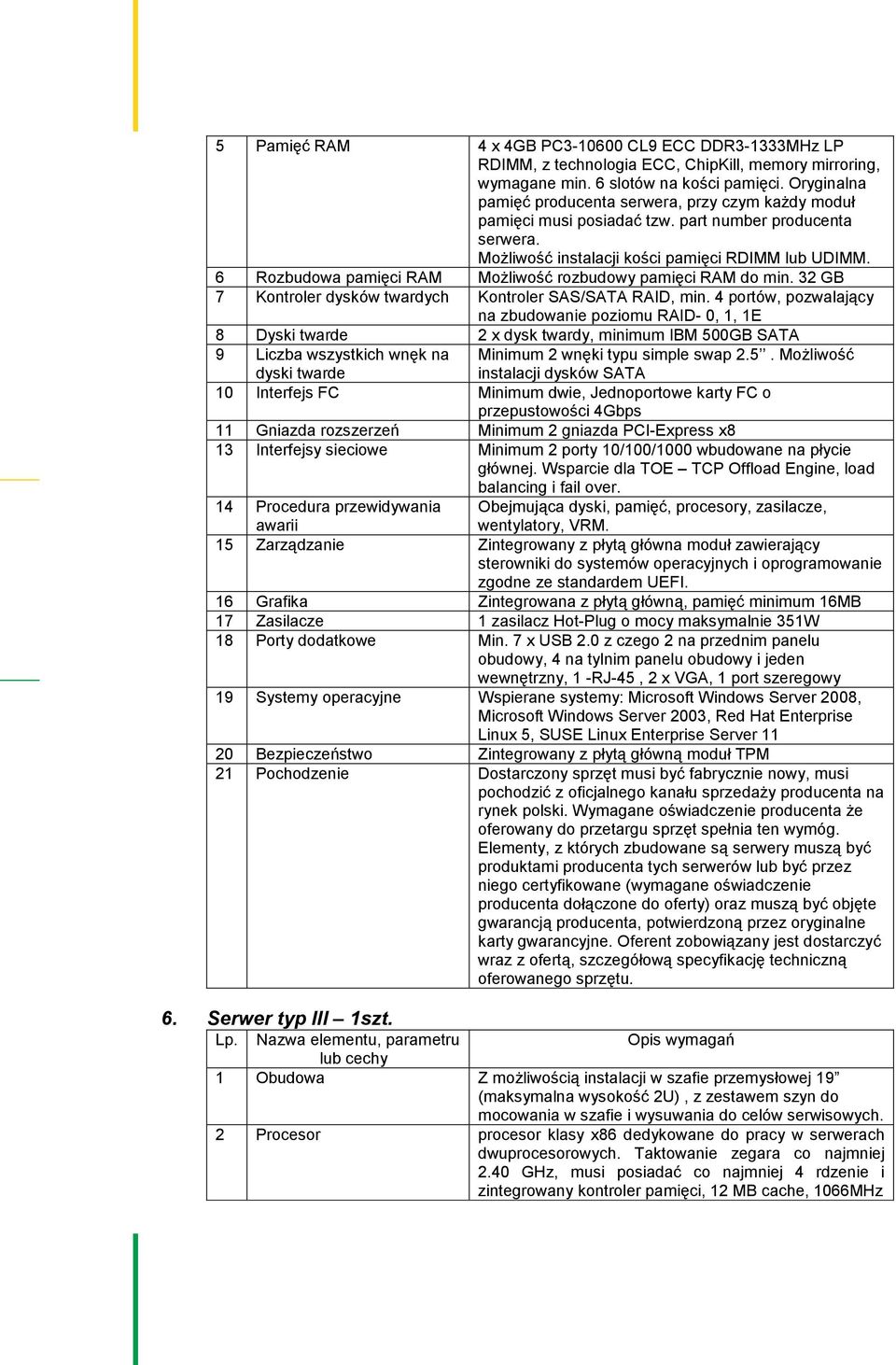 6 Rozbudowa pamięci RAM Możliwość rozbudowy pamięci RAM do min. 32 GB 7 Kontroler dysków twardych Kontroler SAS/SATA RAID, min.