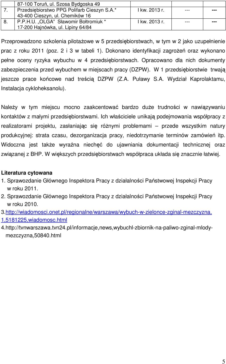 Dokonano identyfikacji zagroŝeń oraz wykonano pełne oceny ryzyka wybuchu w 4 przedsiębiorstwach. Opracowano dla nich dokumenty zabezpieczenia przed wybuchem w miejscach pracy (DZPW).