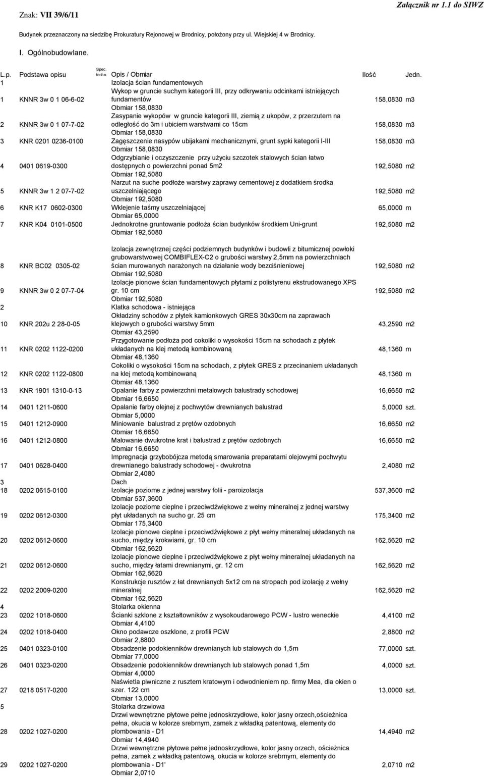 1 Izolacja ścian fundamentowych Wykop w gruncie suchym kategorii III, przy odkrywaniu odcinkami istniejących 1 KNNR 3w 0 1 06-6-02 fundamentów 158,0830 m3 Obmiar 158,0830 Zasypanie wykopów w gruncie