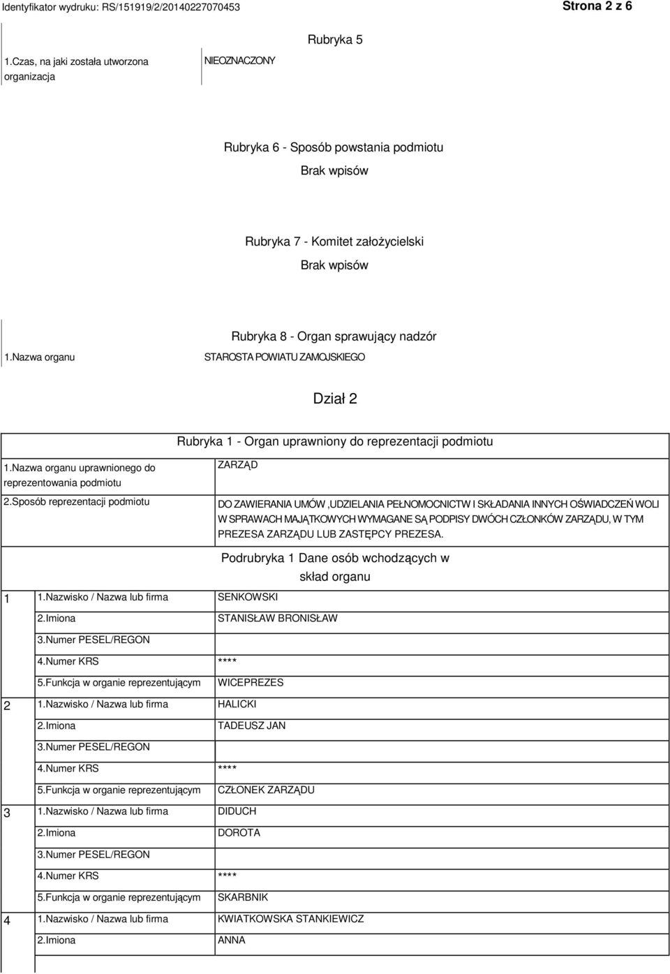 Nazwa organu STAROSTA POWIATU ZAMOJSKIEGO Dział 2 Rubryka 1 - Organ uprawniony do reprezentacji podmiotu 1.Nazwa organu uprawnionego do reprezentowania podmiotu 2.